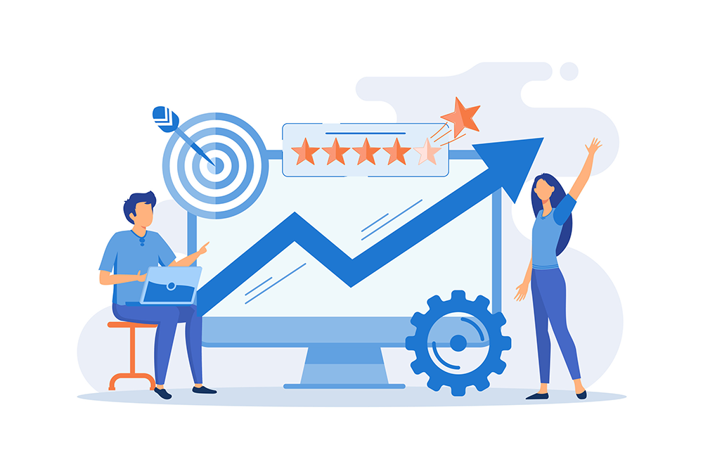 Customer review concept. Vector illustration in a flat style. Businessman and businesswoman standing near the computer.